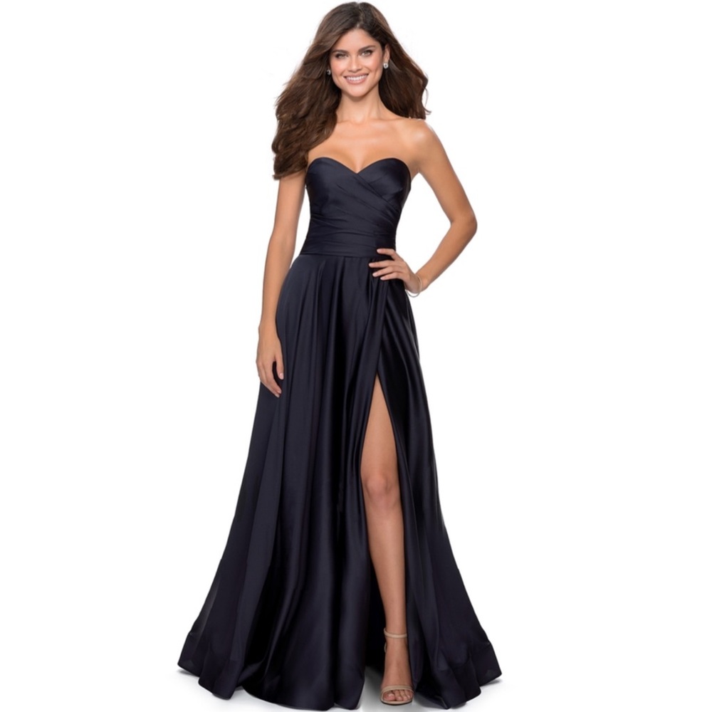 La Femme Strapless Slit Satin Ballgown Ball Gown 28608 in Navy Blue Size 00 NWT